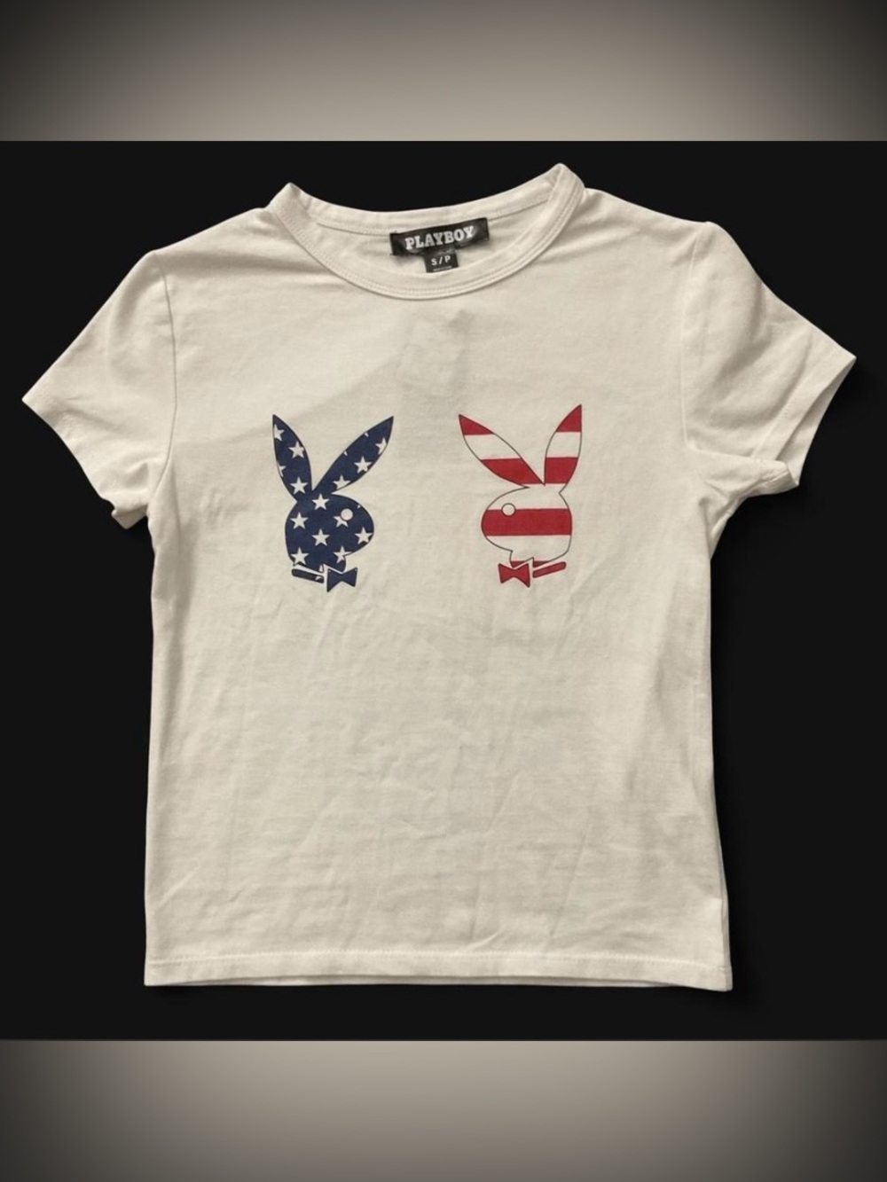 PLAYBOY White Tee with Red & Blue American Flag Bunny Logos